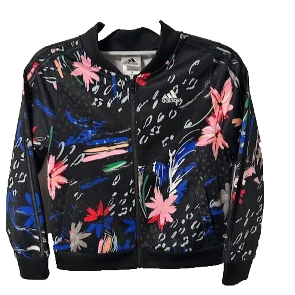 Adidas Track Jacket Black Blue Pink Floral Full Zip Front Girls Sz M 10/12